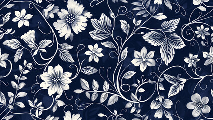 Obraz premium Floral Impressions: Detailed Block Print on Deep Blue
