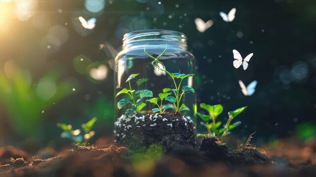 A conceptual coinoperated device that releases ghostly butterflies, each carrying seeds of rare and magical plants to rejuvenate natural landscapes, with copy space high tech