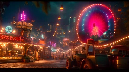 A lively carnival at night with a colorful ferris wheel spinning in the background, A spectacular carnival in a tropical city at night