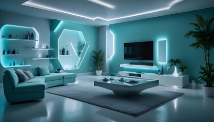 Fototapeta premium A futuristic living room with bold furniture designs, dynamic, colorful LED lighting, and gradient walls, photographed in HD.