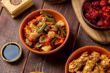 Couscous with chicken and stewed vegetables with meat on the festive table