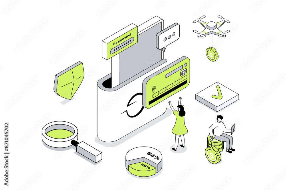 Poster mobile wallet app 3d isometric concept in outline isometry design for web. people managing financial