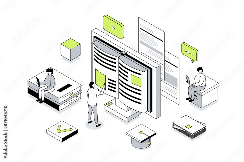 Aufkleber Modern education 3d isometric concept in outline isometry design for web. People reading e-books and digital textbook, learning at digital classroom, watching video lectures. Illustration.