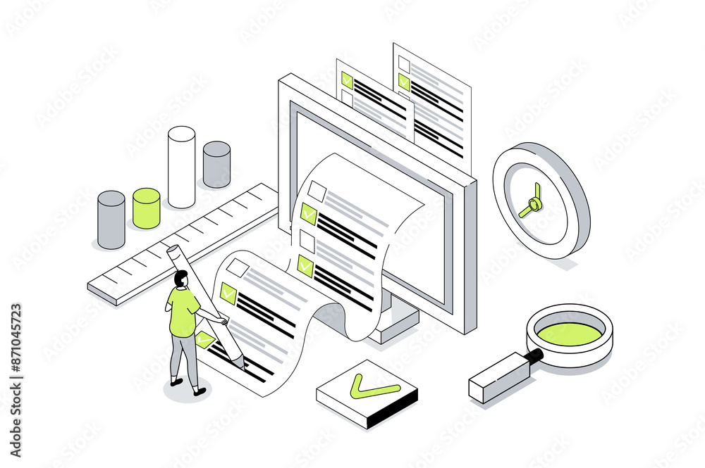 Aufkleber Online survey 3d isometric concept in outline isometry design for web. People giving feedback and evaluation, marking answer in questionnaire, voting in digital form on computer. Illustration.