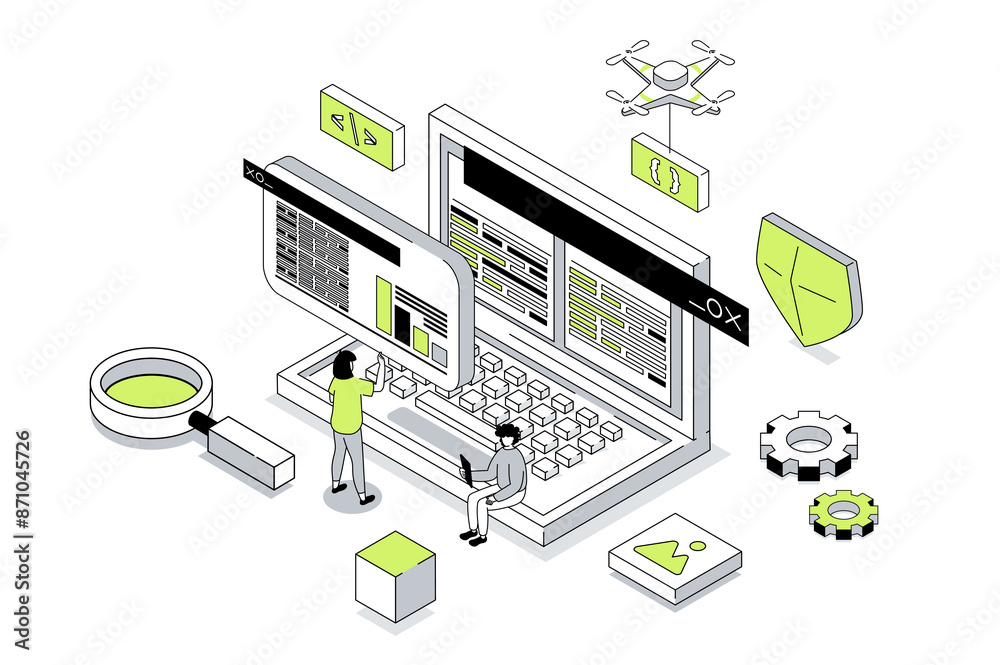 Poster Programming 3d isometric concept in outline isometry design for web. People working with code at laptop screen, creating software, prototyping and making optimization programs. Illustration.