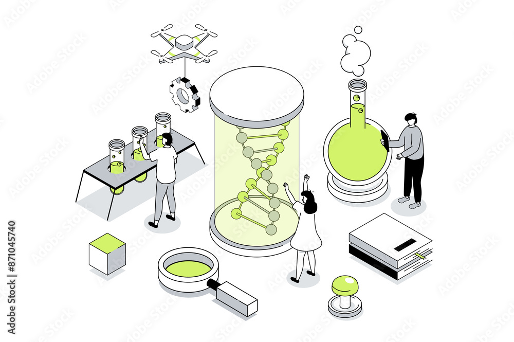 Aufkleber science laboratory 3d isometric concept in outline isometry design for web. people researching dna m