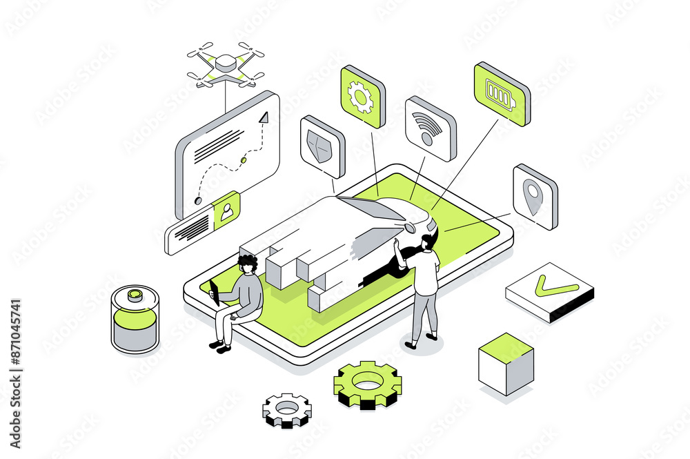 Leinwandbilder Smart car 3d isometric concept in outline isometry design for web. People managing of autonomous automobile with smartphone app, monitoring system, using online map navigation. Illustration.