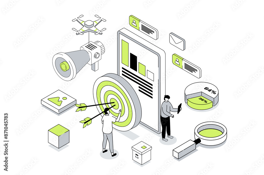 Aufkleber target audience 3d isometric concept in outline isometry design for web. people study market data an