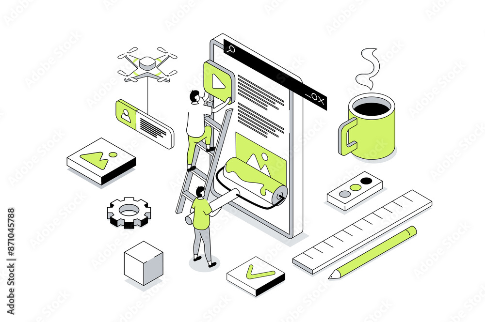 Aufkleber Web design 3d isometric concept in outline isometry design for web. People creating pages layouts, placing content blocks, programming and coding homepages for mobile phone. Illustration.