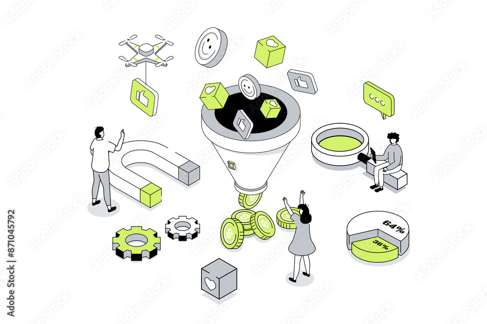 Fototapete Social media funnel 3d isometric concept in outline isometry design for web. People using lead generations strategy with cone, attracting new audience and converting into buyers. Illustration.