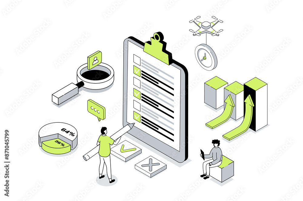 Leinwandbilder survey 3d isometric concept in outline isometry design for web. people answering in questionnaire or