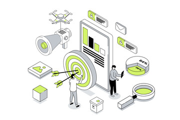 Target audience 3d isometric concept in outline isometry design for web. People study market data and customer trends, sets focus aim, create advertising for attract new clients. Illustration.