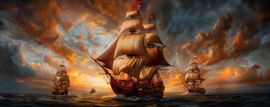 Illustration of Columbus three ships sailing on the ocean at sunset