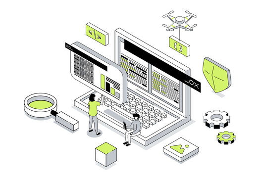 Programming 3d isometric concept in outline isometry design for web. People working with code at laptop screen, creating software, prototyping and making optimization programs. Illustration.
