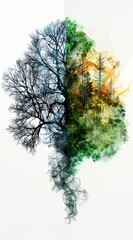 Fototapeta premium Ein abstrakter Baum, dessen Wurzeln in Rauch vergehen, halbseitig knorrig, halbseitig brennendes Grün, Symbolbild vor hellem Hintergrund, Hochformat