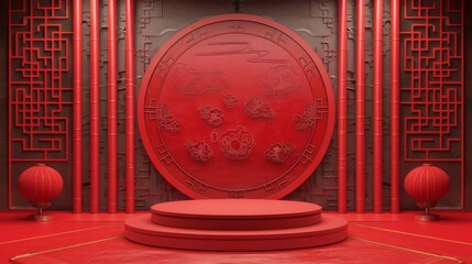 Sleek rounded podium set on a detailed Chinese scrolllike background for cultural presentations