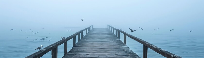 A serene misty pier extending into the calm ocean, with birds flying through the fog. A perfect scene of tranquility and peace.