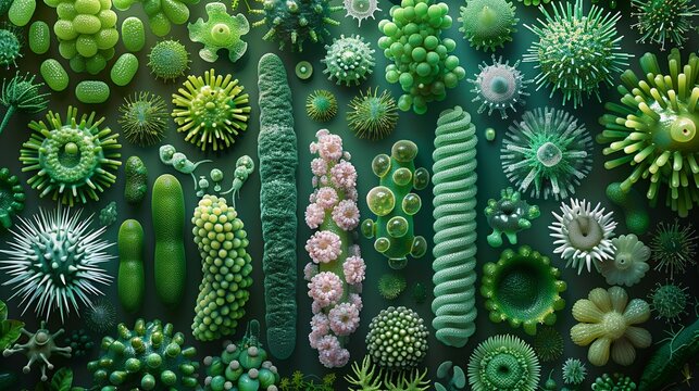 Visual guide to microbial ecology, illustrating interactions between bacteria, archaea, and fungi, crucial in microbiology. , Minimalism,