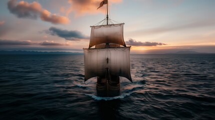 A ship with sails set on a calm sea with a sunset in the background