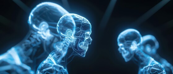 A hightech networking event featuring electric holograms of past business icons who offer electrifying advice and supernatural guidance, with copy space high tech