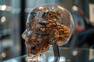 Transparent skull model showcasing intricate neural connections and circuitry, blending science and art on a reflective surface.