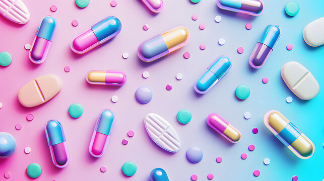 Colorful medical supplies and pills on a gradient background design