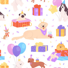 Party dogs seamless pattern. Birthday celebration fabric print design, pug in gift box. Positive puppies characters, pets celebrating, racy vector background
