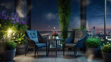 romantic atmosphere of the hotel terrace with urban views at night, seamless looping 4k video animation background.