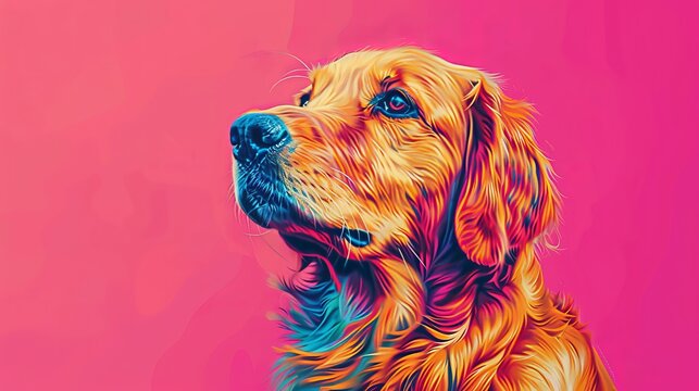 Colorful digital art of a golden retriever against a pink background, vibrant portrait. Contemporary pet art concept