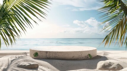 stone Summer podium sand tropical background sea abstract podium beach product dais display presentation rock beauty racked nature palm sky pedestal vacation blue.
