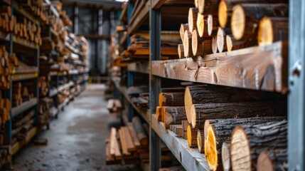 Rows of wooden logs and planks are neatly stacked on shelves in a rustic warehouse. The image captures the texture and natural beauty of wood, creating a warm and inviting ambiance