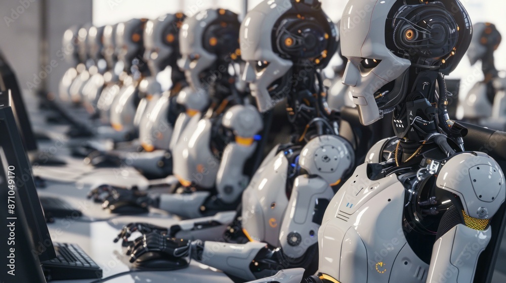 Poster A row of white and grey robotic figures sit at desks, operating computers with identical, blank faces. They are lined up in a seemingly endless row, highlighting the potential of AI automation