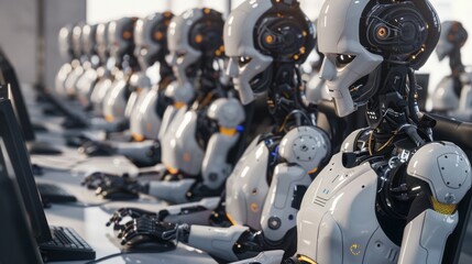 Fototapeta premium A row of white and grey robotic figures sit at desks, operating computers with identical, blank faces. They are lined up in a seemingly endless row, highlighting the potential of AI automation