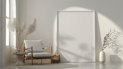 Fototapeta premium interior of a room with blank canvas, empty canvas with copy space, wall art, modern living room, minimalistic interior