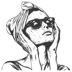 little girl using beauty mask with engraving style