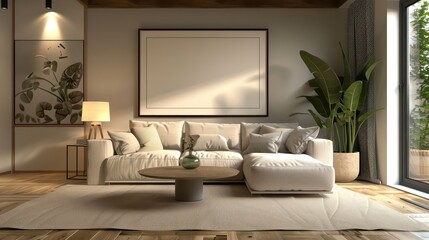 Fototapeta premium interior of a room with blank canvas, empty canvas with copy space, wall art, modern living room, minimalistic interior