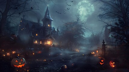 Halloween background with pumpkins and haunted house - 3D render. Halloween background with Evil Pumpkin. Spooky scary dark Night forrest. Holiday event halloween banner background concept 