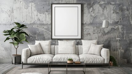 interior of a modern living room with blank canvas, empty canvas with copy space, wall art, minimalistic interior