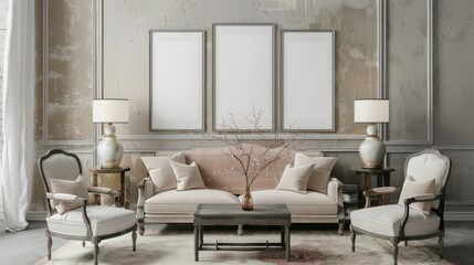 Fototapeta premium interior of a modern living room with blank canvas, empty canvas with copy space, wall art, minimalistic interior