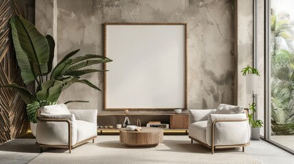 interior of a modern living room with blank canvas, empty canvas with copy space, wall art, minimalistic interior