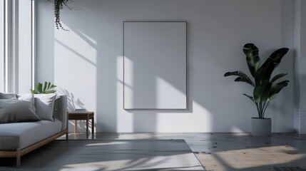 Fototapeta premium interior of a modern living room with blank canvas, empty canvas with copy space, wall art, minimalistic interior