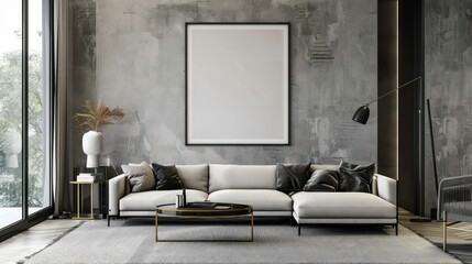 interior of a modern living room with blank canvas, empty canvas with copy space, wall art, minimalistic interior