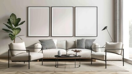 interior of a modern living room with blank canvas, empty canvas with copy space, wall art, minimalistic interior