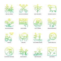 Regenerative farming principles icon set in line style. Vector illustration.