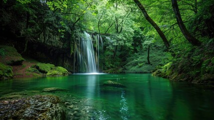 Obraz premium A tranquil forest with a hidden waterfall, symbolizing the discovery of hidden strengths.