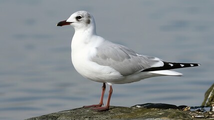 Obraz premium Majestic white seagull standing gracefully by the calm blue sea on the sandy seashore