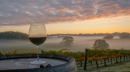 Obraz premium Red wine glass on mist covered wooden barrel with vineyard landscape in the blurry background