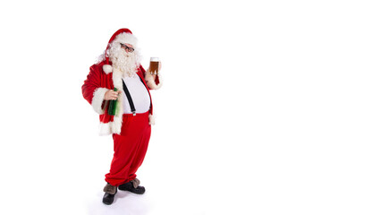 Vacations and holidays. Funny fat Santa Claus drinking beer and posing on a white background.