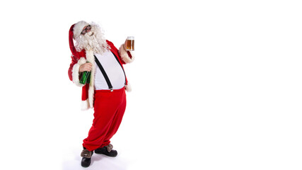 Vacations and holidays. Funny fat Santa Claus drinking beer and posing on a white background.