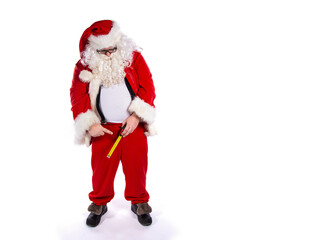 Funny Santa Claus and men's problems. White background.